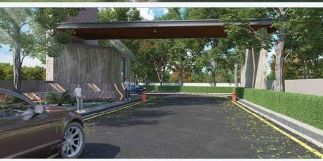 Rendered clubhouse entrance driveway with landscaping