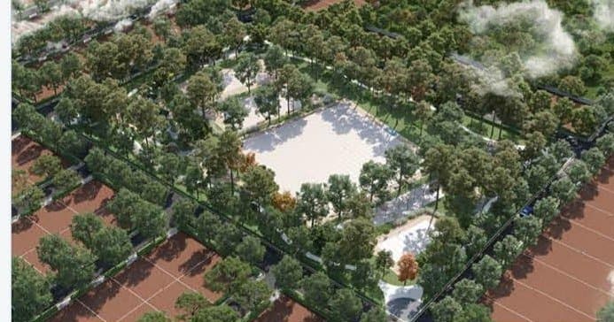 Aerial rendering of a landscaped central park