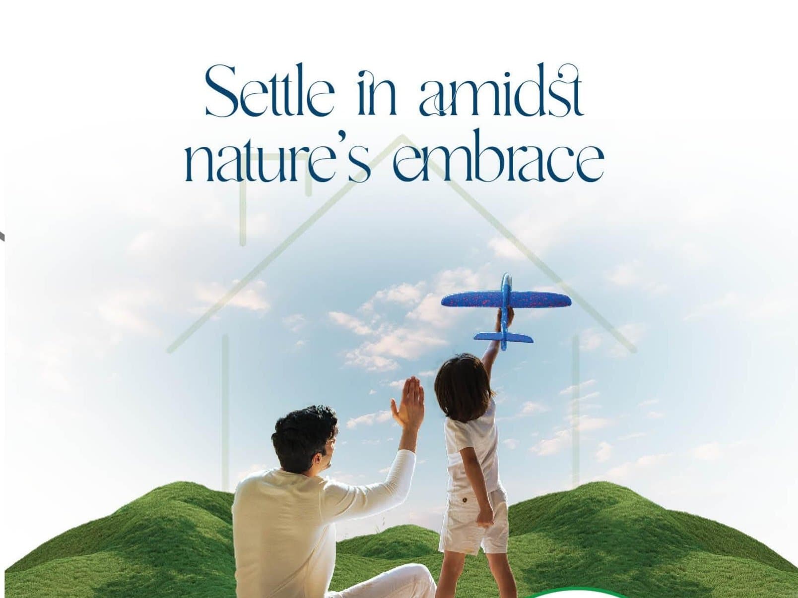 A father and son flying a toy plane on a grassy hill, from the Coorg Estates brochure